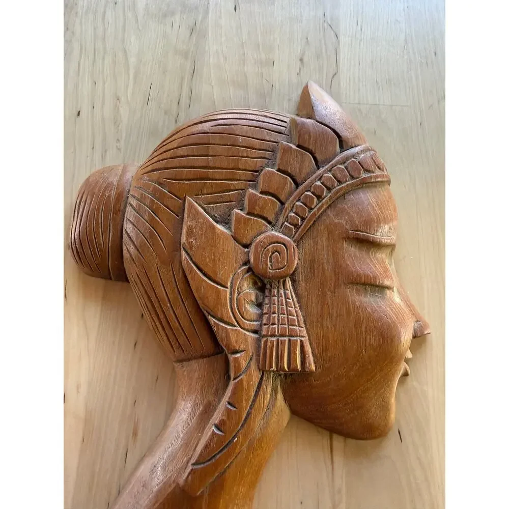 MCM VINTAGE Thai Teak Wood Carving Praying Woman Wai Wall Plaque Art Decor